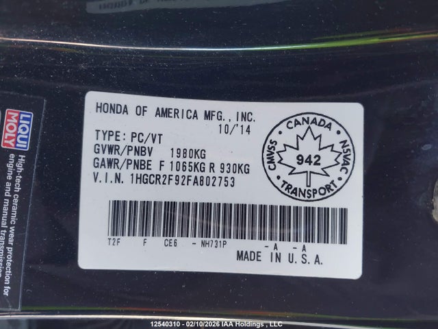2015 Honda Accord Touring მანქანა იყიდება აუქციონზე, vin: 1HGCR2F92FA802753, აუქციონის ნომერი: 12540310