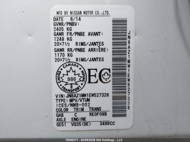 JN8AZ1MW1EW527326 Nissan Murano S/sl/sv/le
