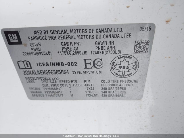 12540351 :رقم المزاد ، 2GNALAEK6F6385664 vin ، 2015 Chevrolet Equinox Ls مزاد بيع