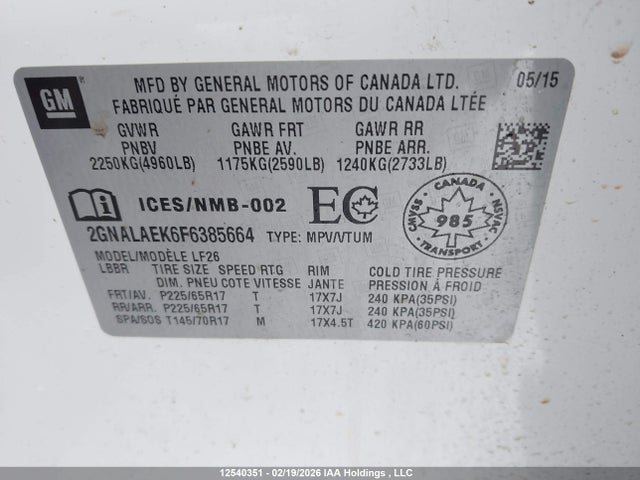 12540351 :رقم المزاد ، 2GNALAEK6F6385664 vin ، 2015 Chevrolet Equinox Ls مزاد بيع