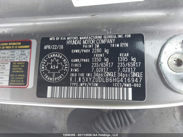 5XYZUDLB6HG416947 Hyundai Santa Fe Sport 2.4 Se