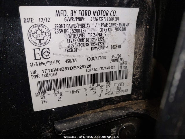 12540365 :رقم المزاد ، 1FT8W3B67DEA28228 vin ، 2013 Ford F-350 Xlt مزاد بيع
