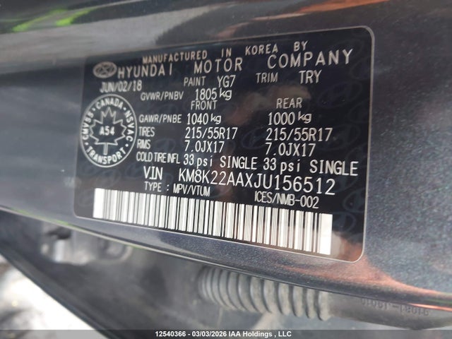 12540366 :رقم المزاد ، KM8K22AAXJU156512 vin ، 2018 Hyundai Kona 2.0l Preferred مزاد بيع