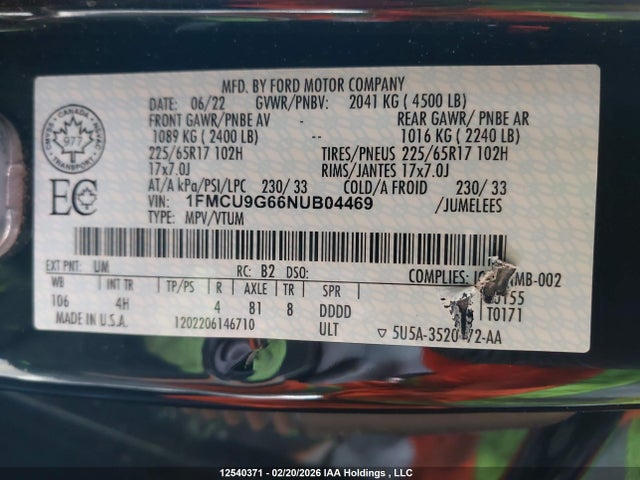 Продажа на аукционе авто 2022 Ford Escape, vin: 1FMCU9G66NUB04469, номер лота: 12540371