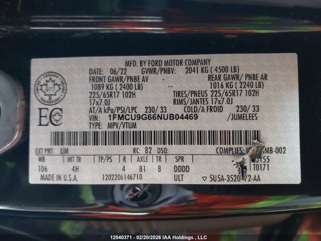 Продажа на аукционе авто 2022 Ford Escape, vin: 1FMCU9G66NUB04469, номер лота: 12540371