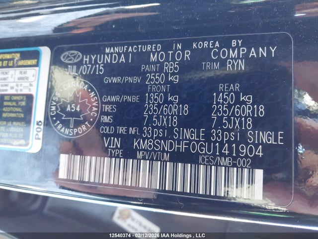 KM8SNDHF0GU141904 Hyundai Santa Fe Xl Luxury