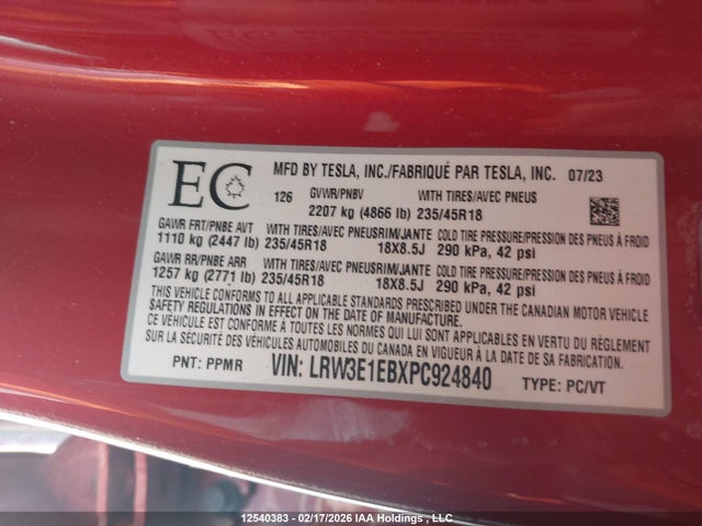 Aukcja sprzedaży 2023 Tesla Model 3 Long Range, vin: LRW3E1EBXPC924840, numer aukcji: 12540383