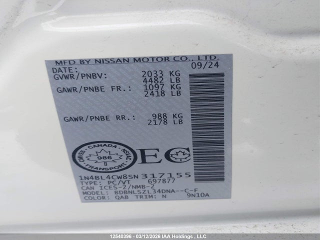 Продаж на аукціоні авто 2025 Nissan Altima Sr, vin: 1N4BL4CW8SN317155, номер лоту: 12540396