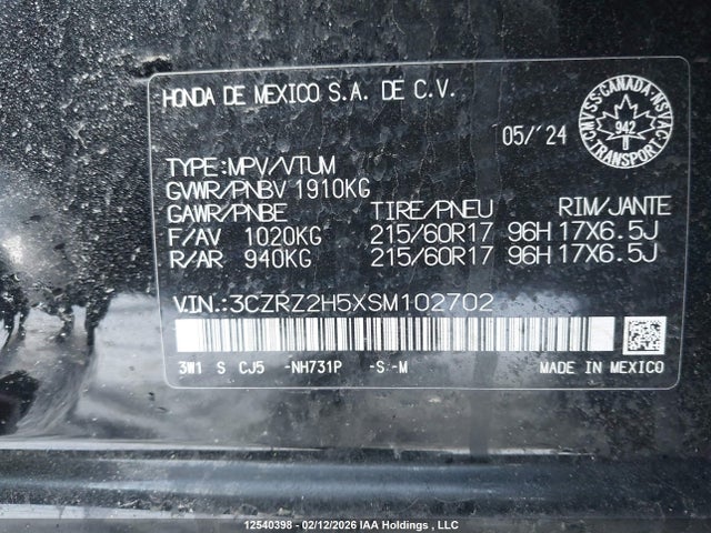 3CZRZ2H5XSM102702 Honda HR-V SPORT
