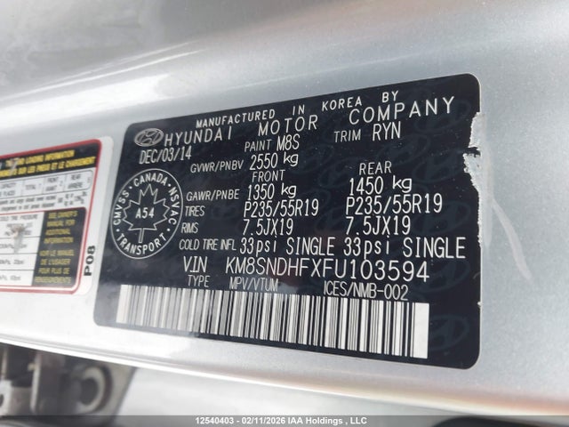 KM8SNDHFXFU103594 Hyundai Santa Fe Gls/limited