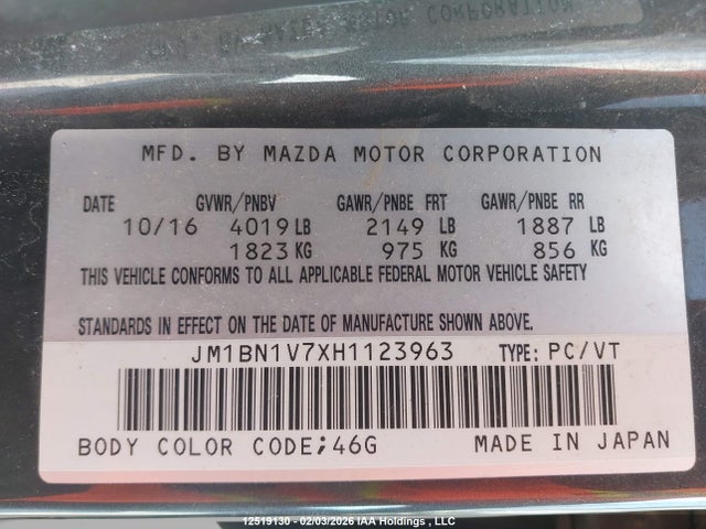 JM1BN1V7XH1123963 Mazda Mazda3 Gs