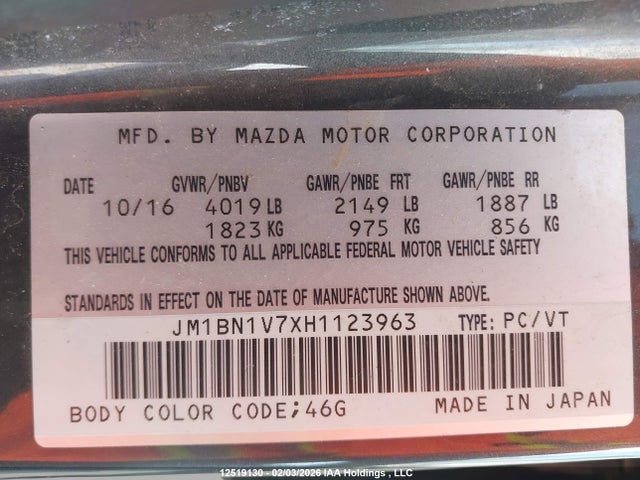 JM1BN1V7XH1123963 Mazda Mazda3 Gs