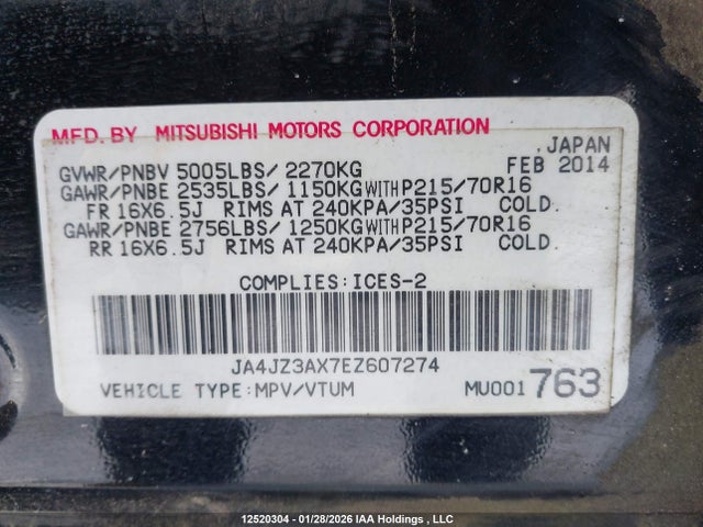JA4JZ3AX7EZ607274 Mitsubishi Outlander Se