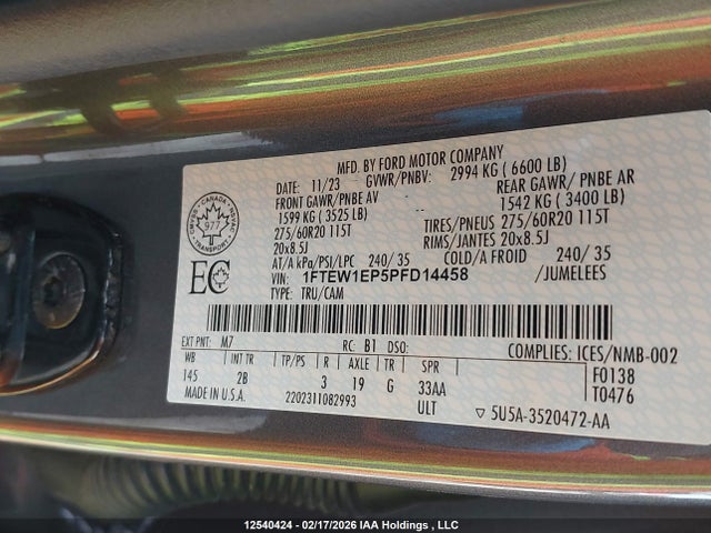 12540424 :رقم المزاد ، 1FTEW1EP5PFD14458 vin ، 2023 Ford F-150 Lariat مزاد بيع