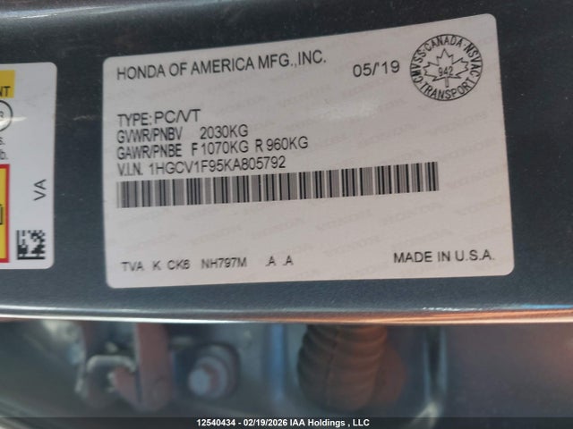 Aukcja sprzedaży 2019 Honda Accord Touring, vin: 1HGCV1F95KA805792, numer aukcji: 12540434