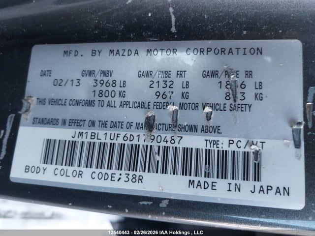 Aukcja sprzedaży 2013 Mazda 3 I, vin: JM1BL1UF6D1790487, numer aukcji: 12540443
