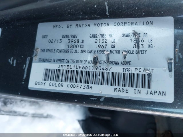 Aukcja sprzedaży 2013 Mazda 3 I, vin: JM1BL1UF6D1790487, numer aukcji: 12540443
