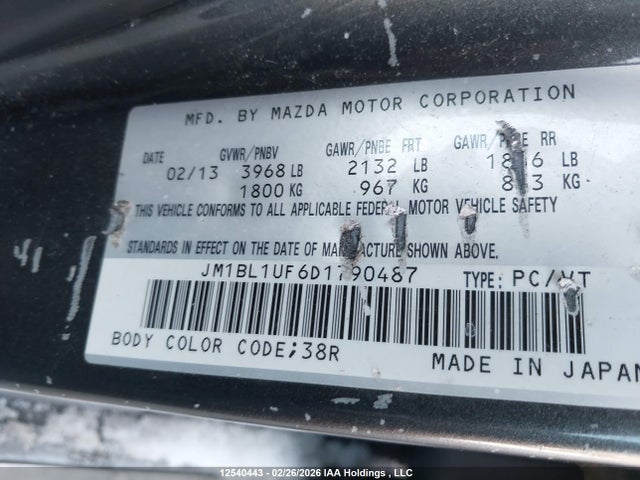 Aukcja sprzedaży 2013 Mazda 3 I, vin: JM1BL1UF6D1790487, numer aukcji: 12540443