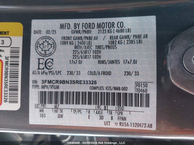 3FMCR9BN3SRE33326 Ford Bronco Sport Big Bend