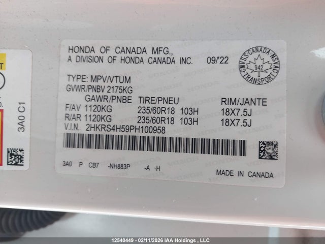 2HKRS4H59PH100958 Honda Cr-v Sport/sport-b