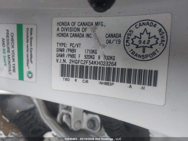 Aukcja sprzedaży 2019 Honda Civic, vin: 2HGFC2F54KH023264, numer aukcji: 12540463