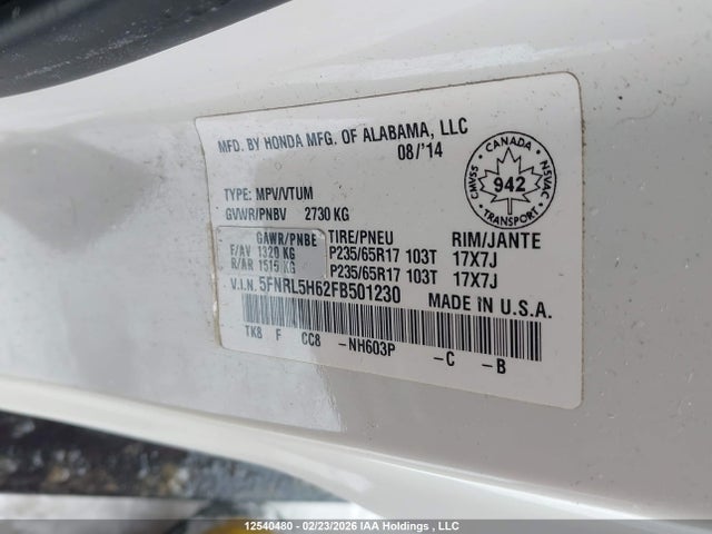 5FNRL5H62FB501230 Honda Odyssey Ex-l