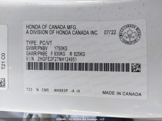 Продажа на аукционе авто 2022 Honda Civic, vin: 2HGFE2F27NH124951, номер лота: 12540481