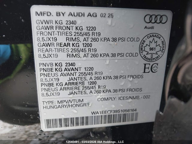 Aukcja sprzedaży 2025 Audi Q3 Premium Plus S Line 45, vin: WA1EECF39S1056164, numer aukcji: 12540491