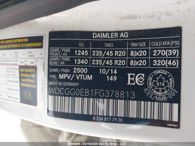 WDCGG0EB1FG378813 Mercedes-Benz Glk 250 Bluetec