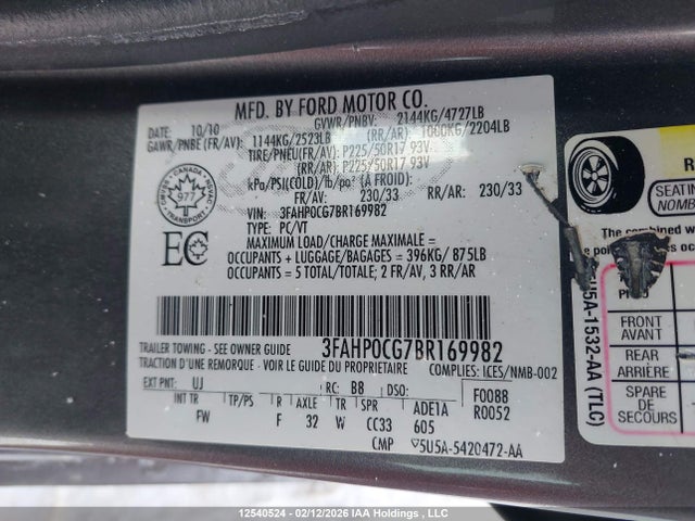 12540524 :رقم المزاد ، 3FAHP0CG7BR169982 vin ، 2011 Ford Fusion Sel مزاد بيع