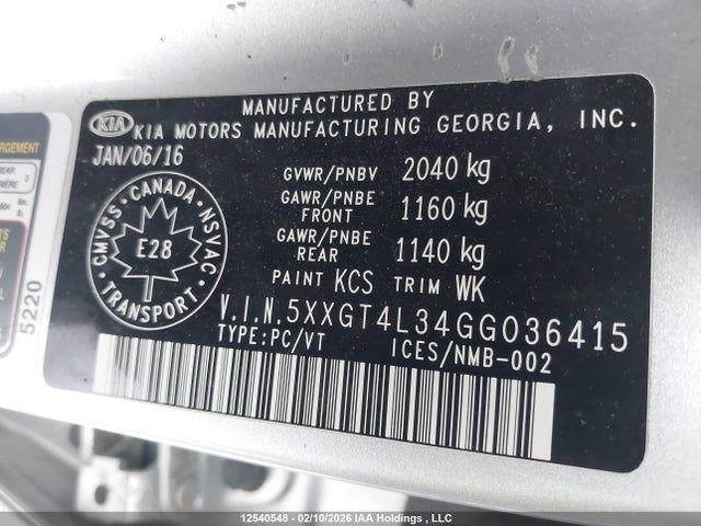 5XXGT4L34GG036415 KIA Optima Lx/lx+