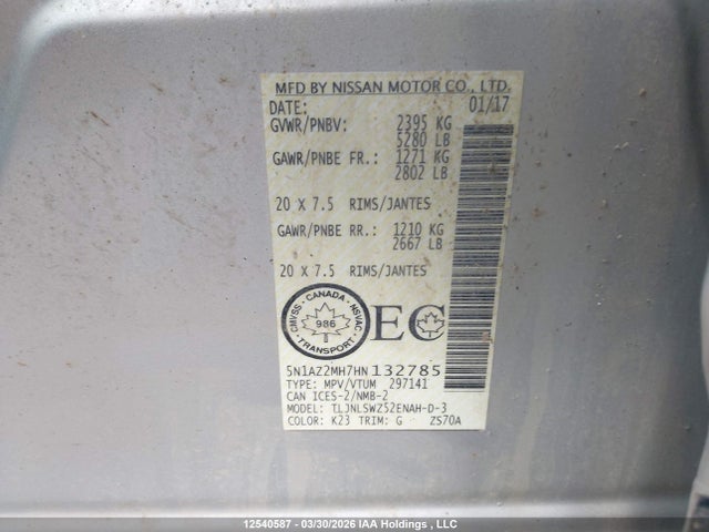 5N1AZ2MH7HN132785 Nissan Murano Platinum/sl/sv