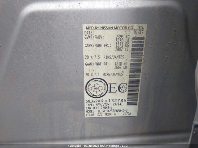 5N1AZ2MH7HN132785 Nissan Murano Platinum/sl/sv