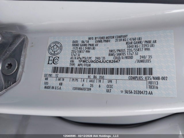 12540595 :رقم المزاد ، 1FMCU9GD4JUC82647 vin ، 2018 Ford Escape Se مزاد بيع