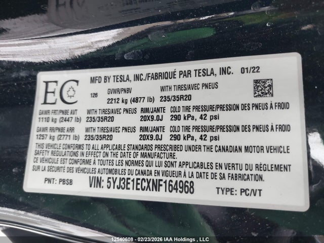 5YJ3E1ECXNF164968 Tesla Model 3 Performance