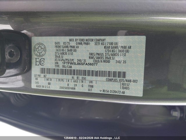 12540610 :رقم المزاد ، 1FTFW5L86SFA56077 vin ، 2025 Ford F150 Lariat مزاد بيع