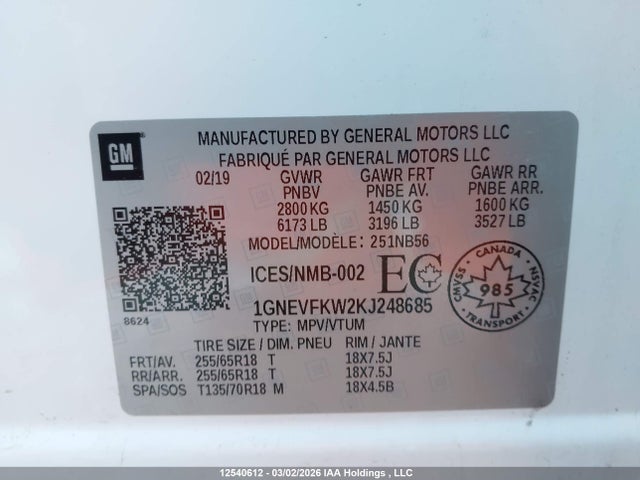 1GNEVFKW2KJ248685 Chevrolet Traverse Ls