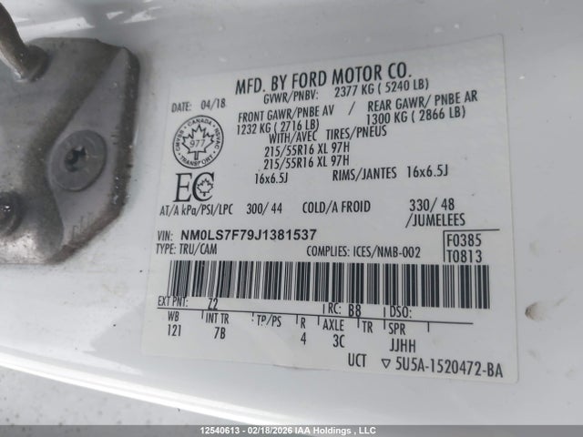Продажа на аукционе авто 2018 Ford Transit Connect Xlt, vin: NM0LS7F79J1381537, номер лота: 12540613