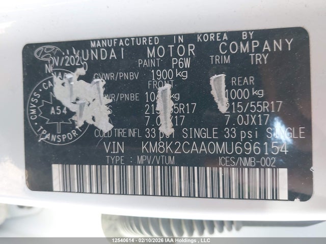 Продаж на аукціоні авто 2021 Hyundai Kona Preferred Awd, vin: KM8K2CAA0MU696154, номер лоту: 12540614