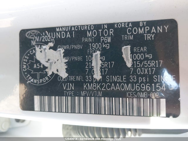 Продаж на аукціоні авто 2021 Hyundai Kona Preferred Awd, vin: KM8K2CAA0MU696154, номер лоту: 12540614
