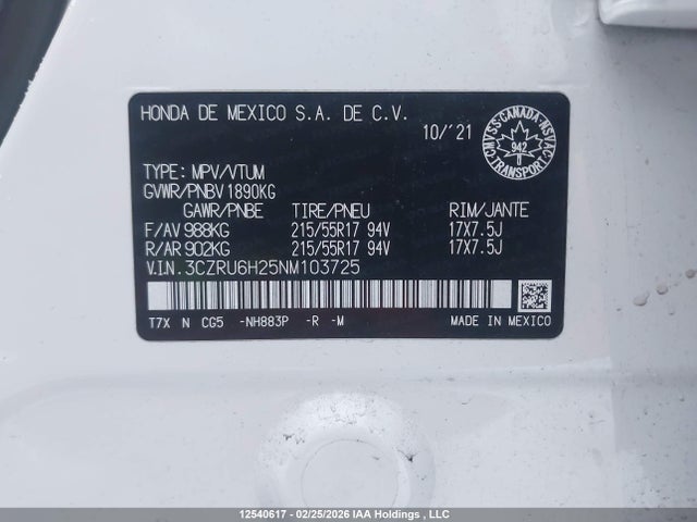 3CZRU6H25NM103725 Honda HR-V SPORT