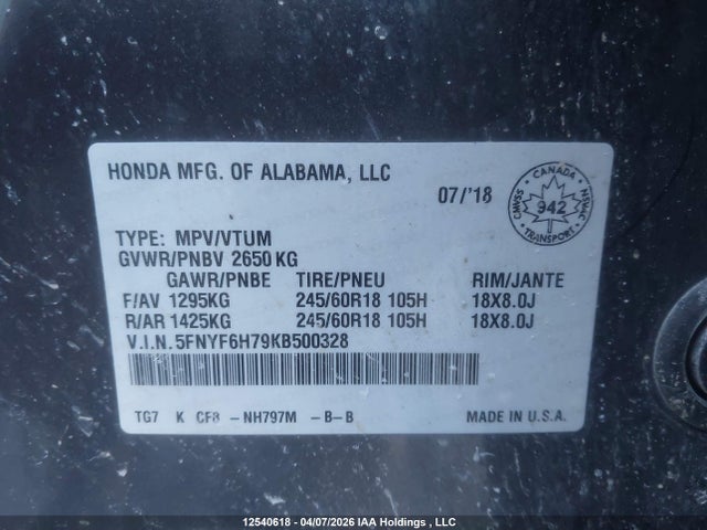 5FNYF6H79KB500328 Honda PILOT EXL