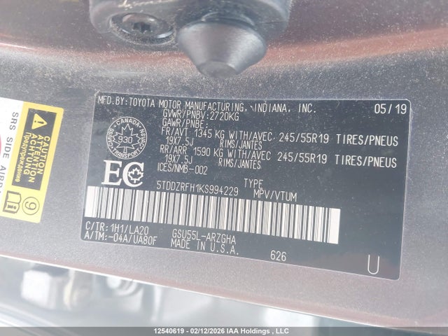 5TDDZRFH1KS994229 Toyota Highlander Limited/ltd Platinum