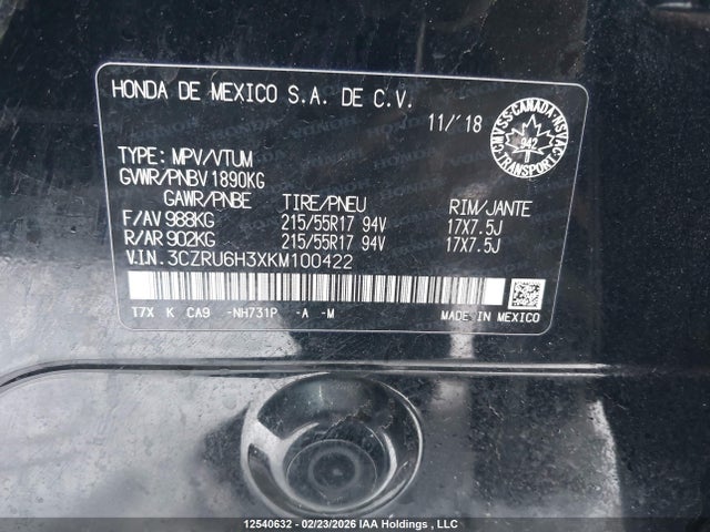 3CZRU6H3XKM100422 Honda HR-V LX