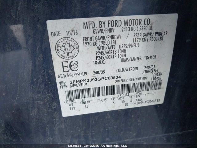 12540634 :رقم المزاد ، 2FMPK3J93GBC60534 vin ، 2016 Ford Edge Sel مزاد بيع
