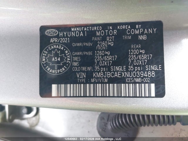 Продажа на аукционе авто 2022 Hyundai Tucson Preferred Awd, vin: KM8JBCAEXNU039488, номер лота: 12540663