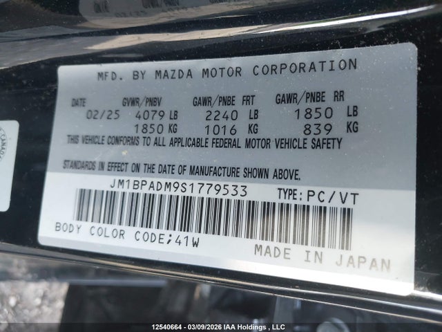 Aukcja sprzedaży 2025 Mazda Mazda3 Gt, vin: JM1BPADM9S1779533, numer aukcji: 12540664