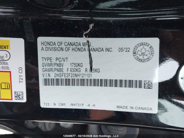12540677 :رقم المزاد ، 2HGFE2F20NH121101 vin ، 2022 Honda Civic Lx مزاد بيع