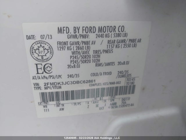 12540695 :رقم المزاد ، 2FMDK3JC3DBC62861 vin ، 2013 Ford Edge Sel مزاد بيع