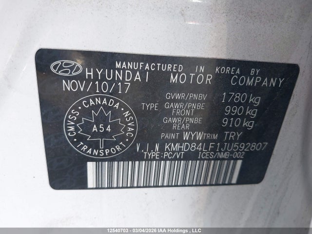 KMHD84LF1JU592807 Hyundai Elantra Sel/value/limited